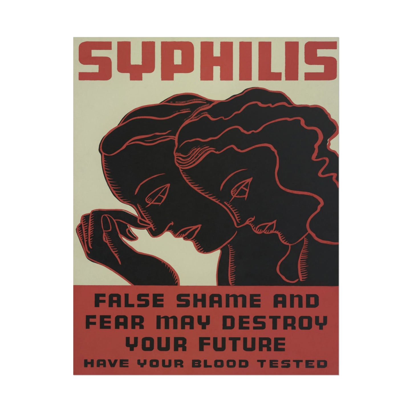 Vintage WPA print, two figures discussing syphilis awareness.