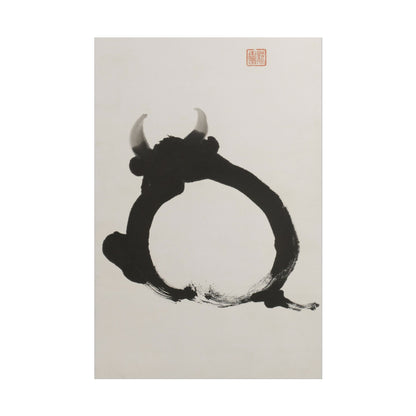 Bold ink depiction of a bull in a circular form.