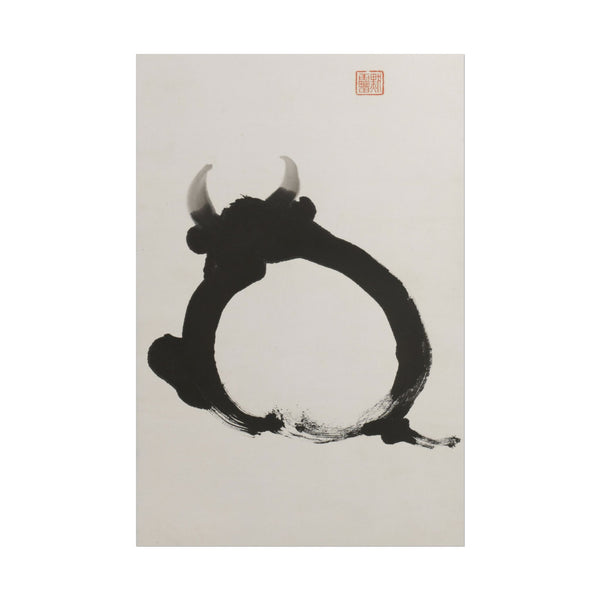 Bold ink depiction of a bull in a circular form.