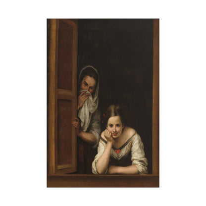 Two women, one leaning out of a window, captured in soft light.