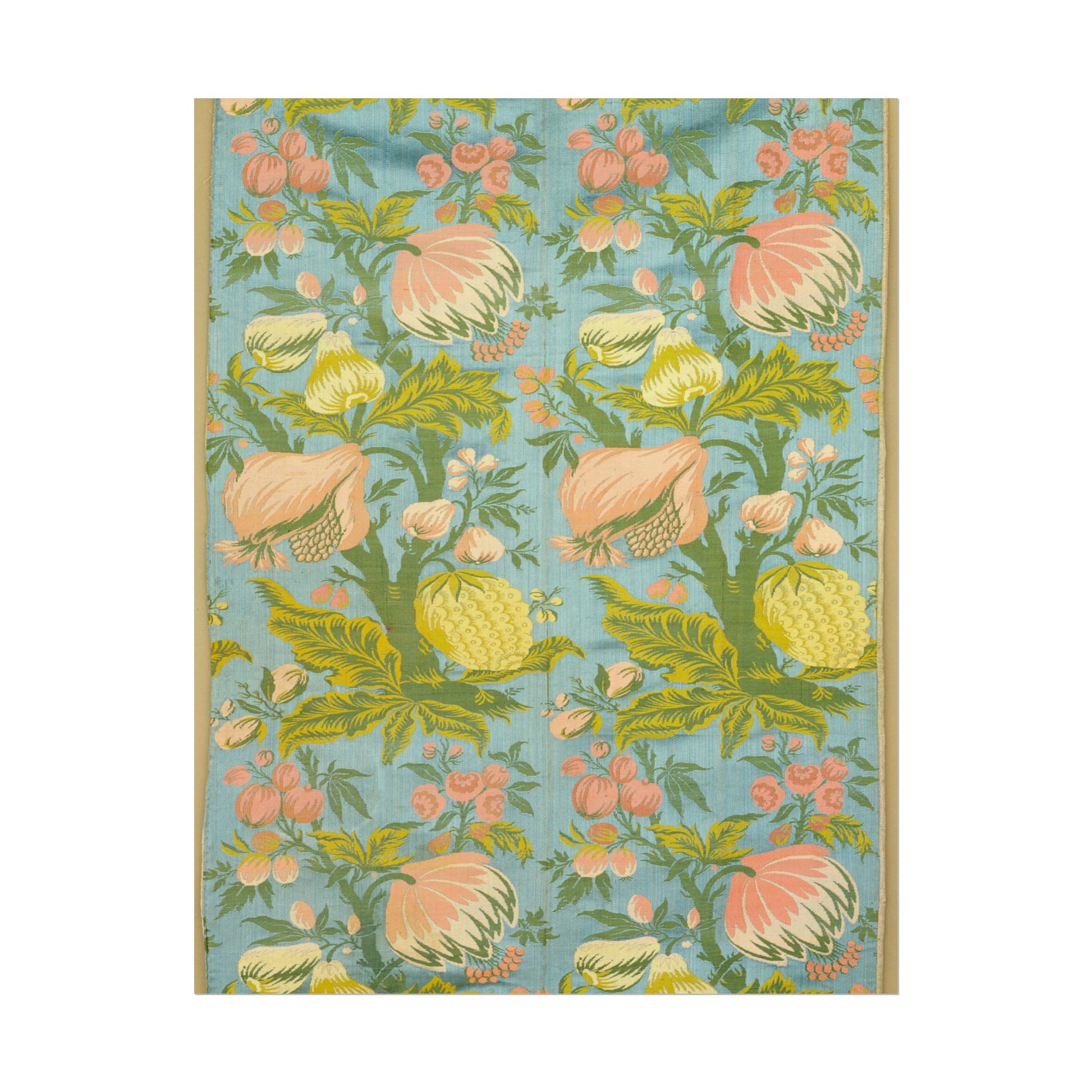 Colorful floral pattern with pink and yellow flowers on blue background.