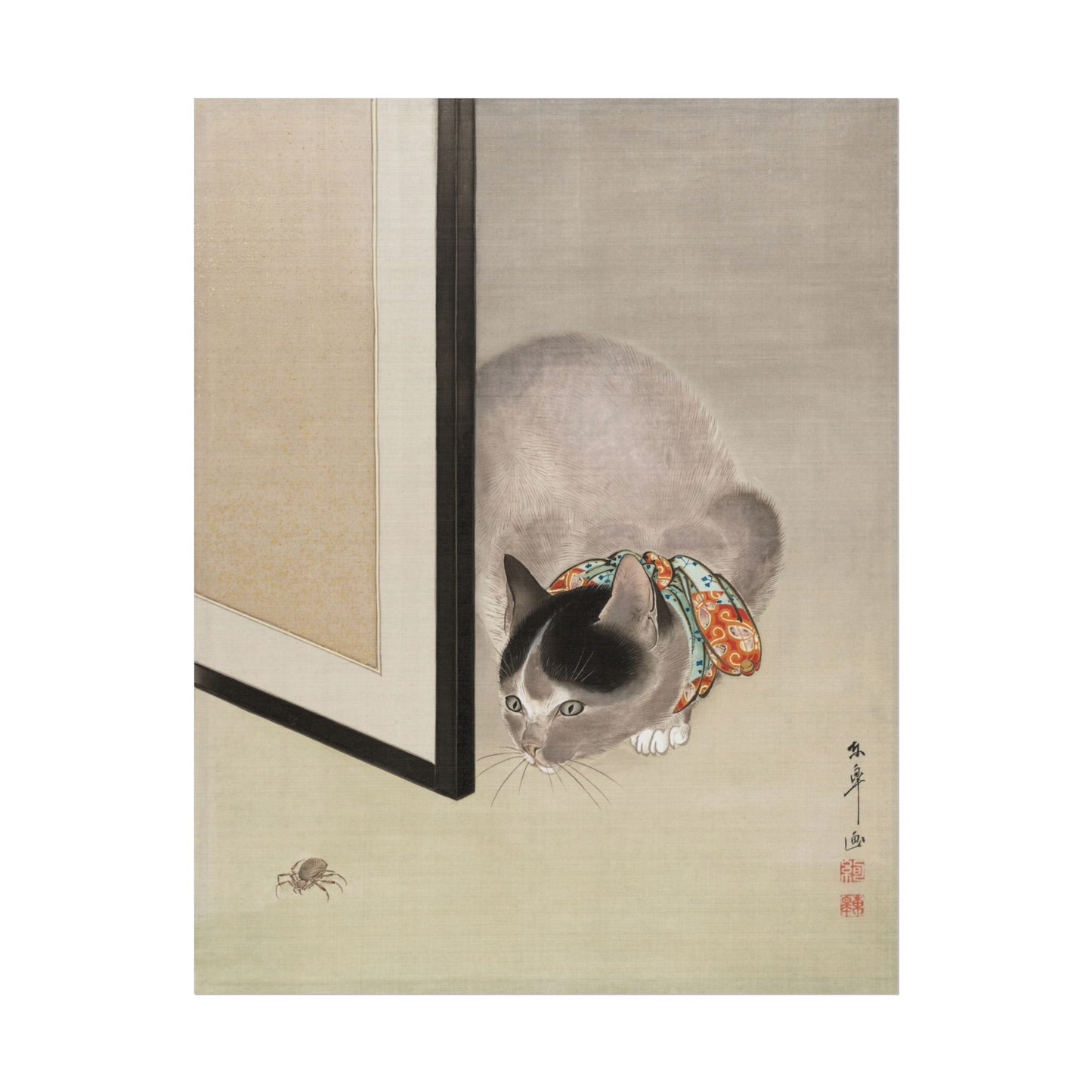 A playful cat in a kimono watching a spider closely.
