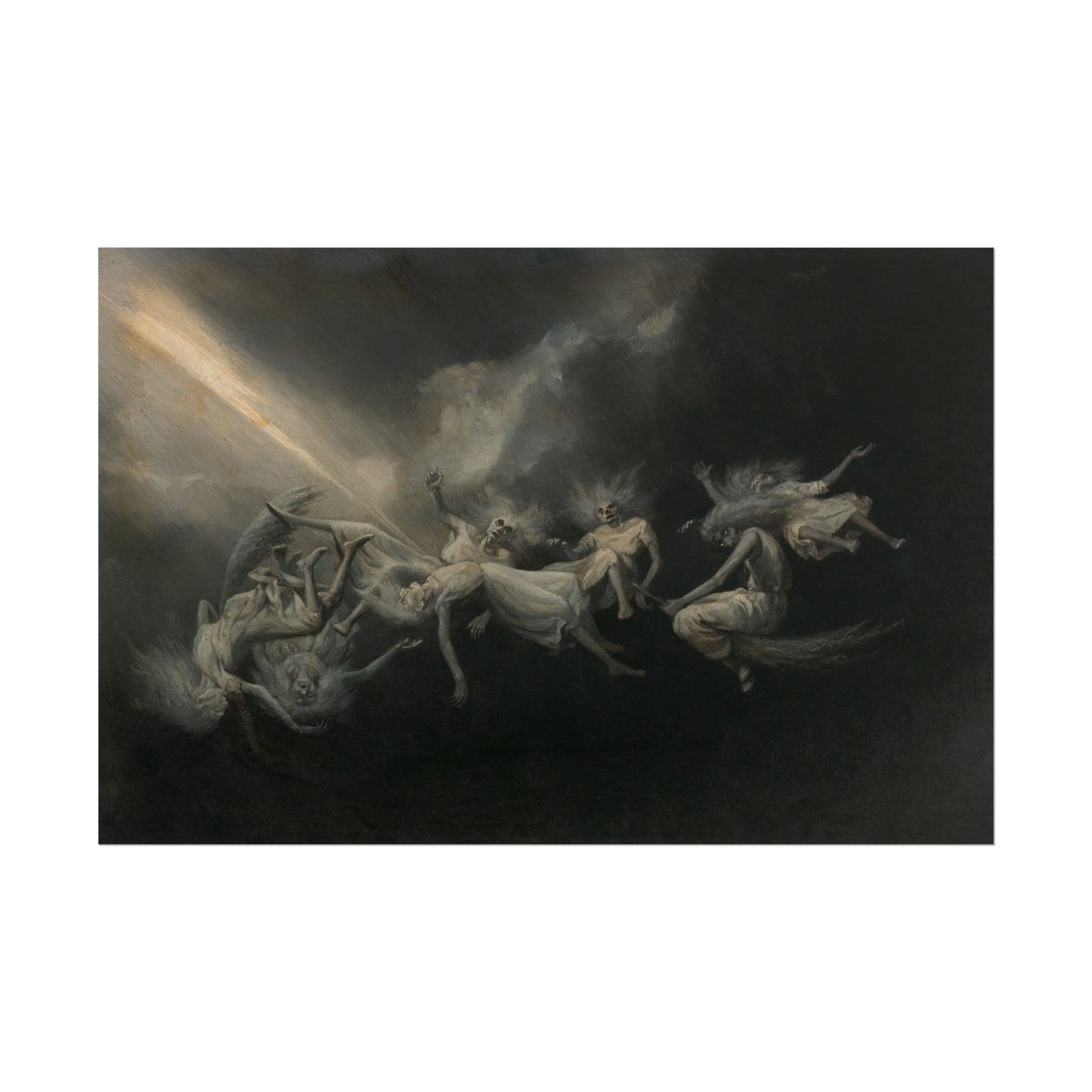 Witches in flowing garments swirl in a stormy sky.