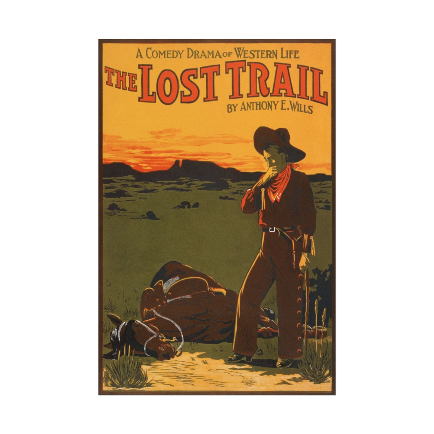 A cowboy stands contemplatively over a fallen horse at sunset.