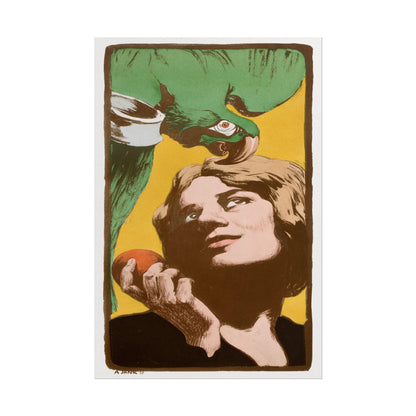 Woman holding an orange with a green parrot above her head.