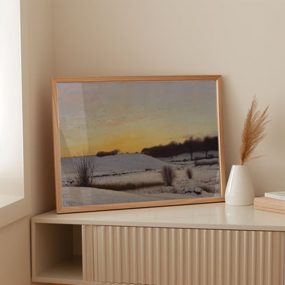 Snow Landscape with a Hill at Sunset
