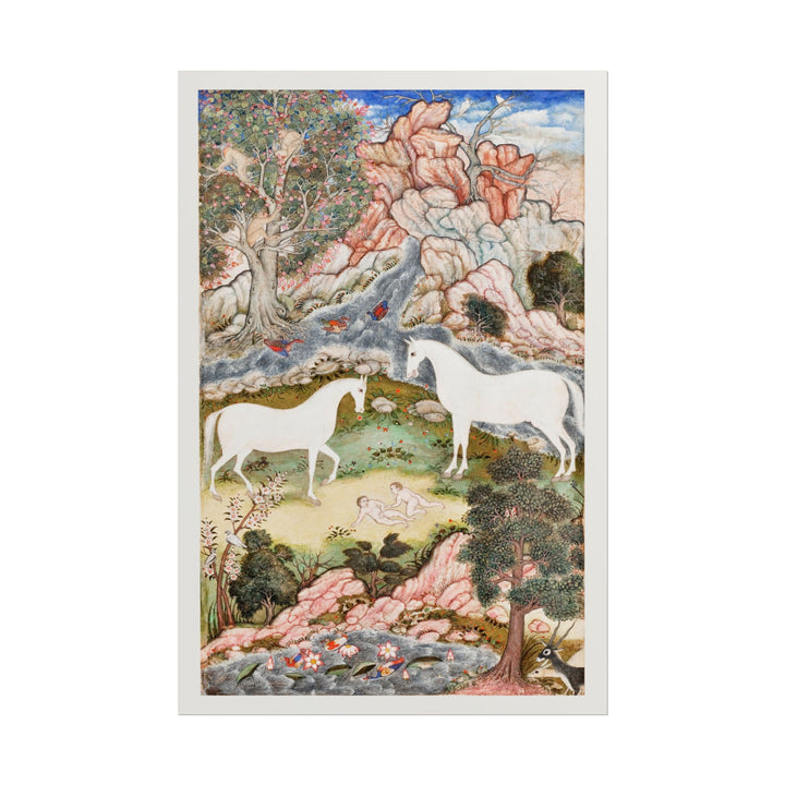 Two white unicorns by a tranquil pond in a lush landscape.