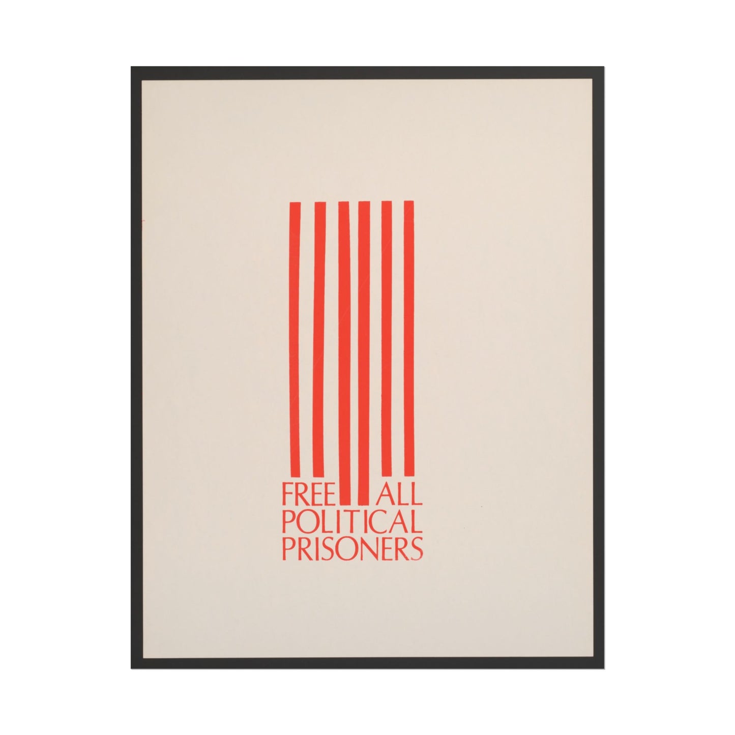 Bold poster with red vertical bars and text urging freedom for political prisoners.