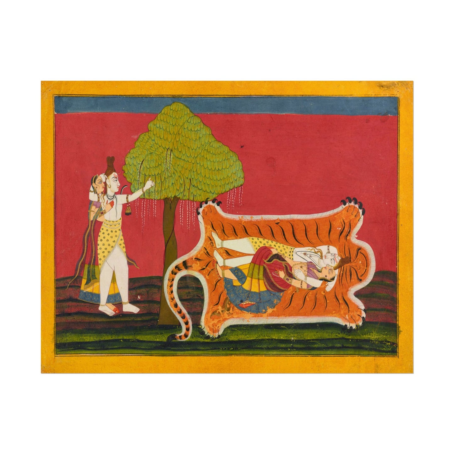 Shiva and Parvati depicted on a tiger skin in vibrant colors.