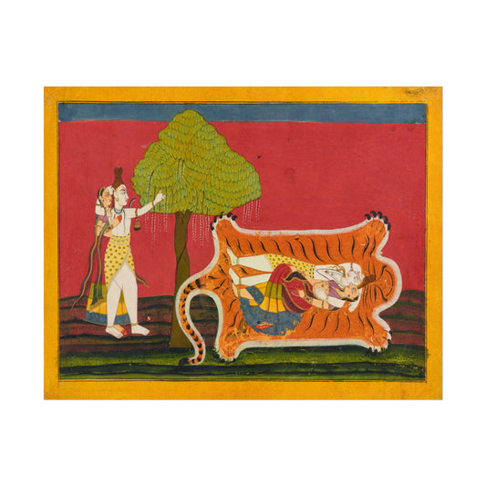 Shiva and Parvati depicted on a tiger skin in vibrant colors.