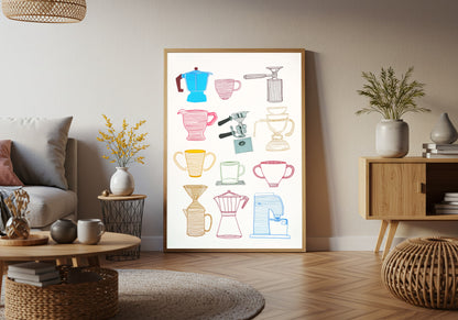 Hand-Drawn Coffee Pots and Mugs