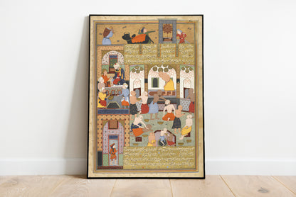 Firdausi and the Bathhouse Attendant poster by Sultan Muhammad - Black frame wall art