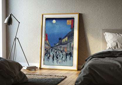 Night view of Saruwaka Machi poster by Utagawa Hiroshige - Neutral room decor with framed print