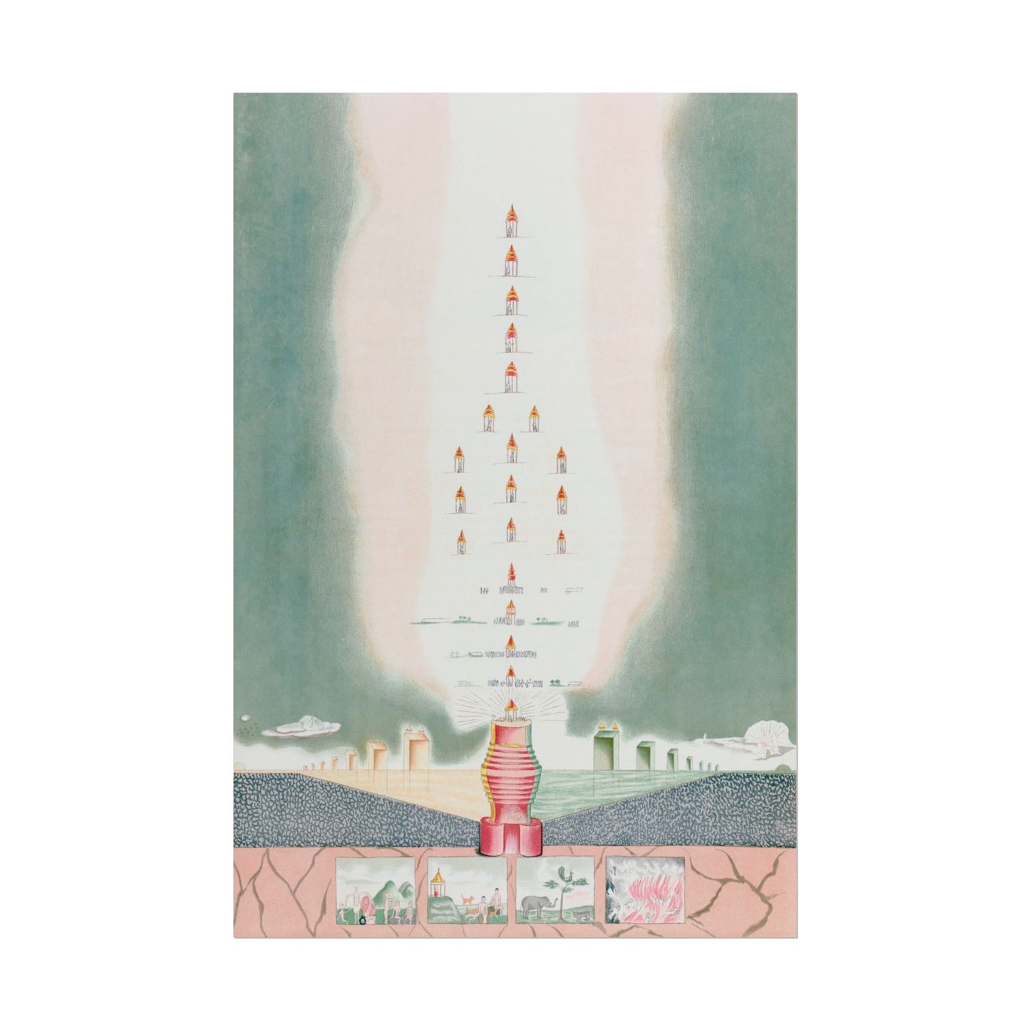 Colorful artwork depicting spiritual elements and structures.