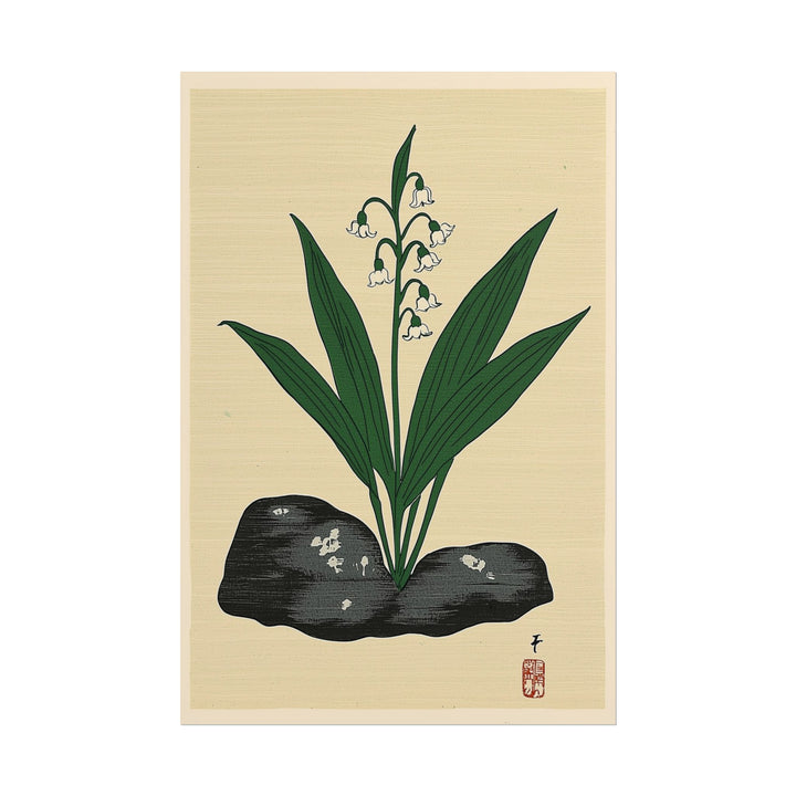 Japanese plant print featuring lily of the valley against beige background.