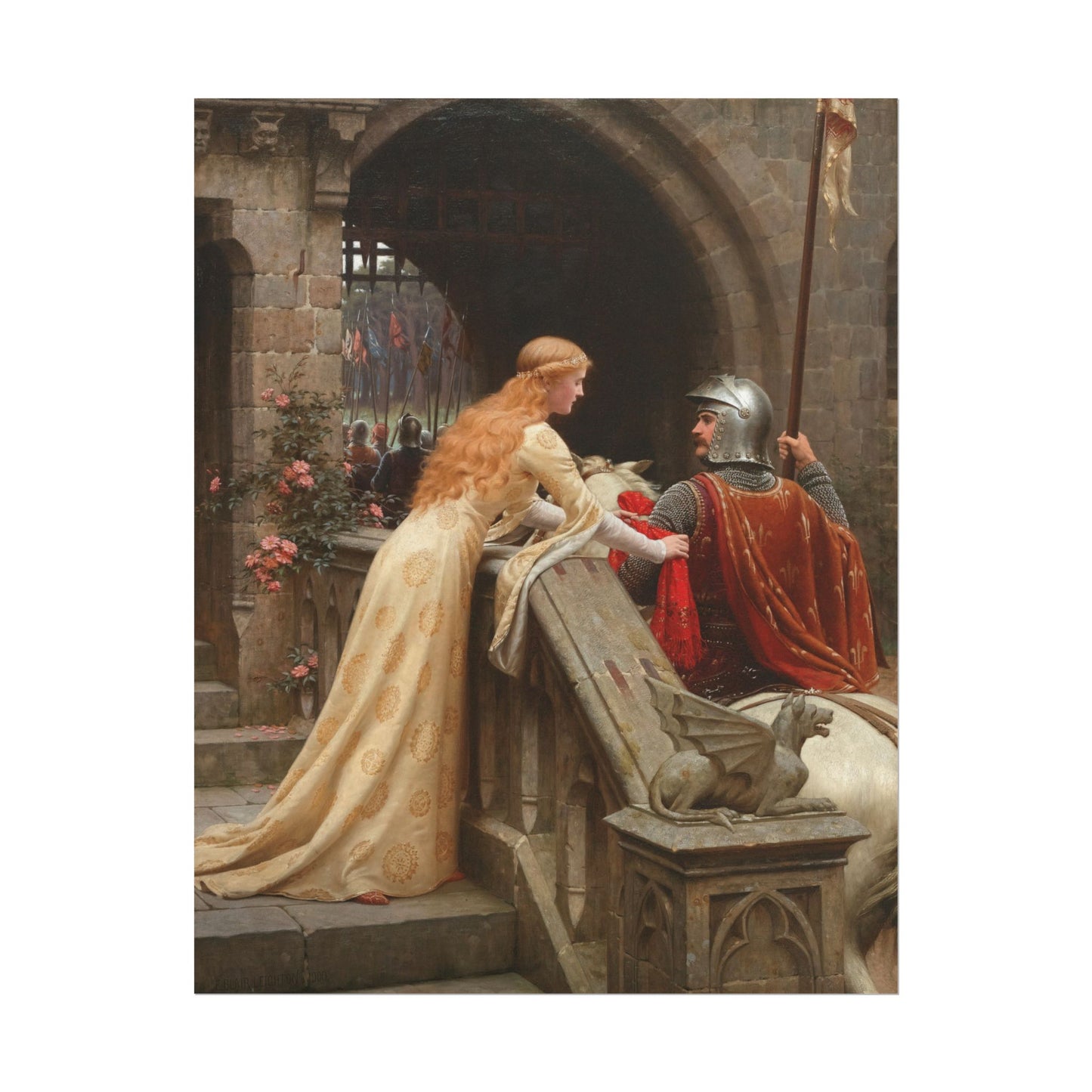 A knight converses with a maiden in medieval attire at a castle.
