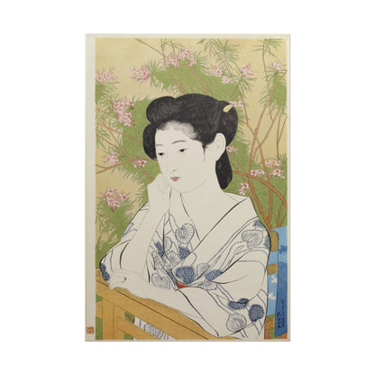 Serene Japanese woman in kimono at hotspring inn, floral background