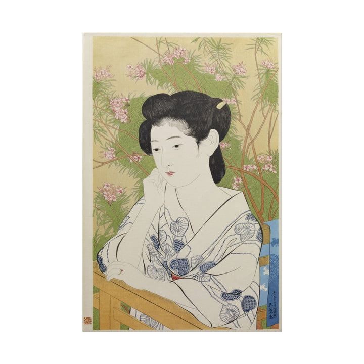 Serene Japanese woman in kimono at hotspring inn, floral background
