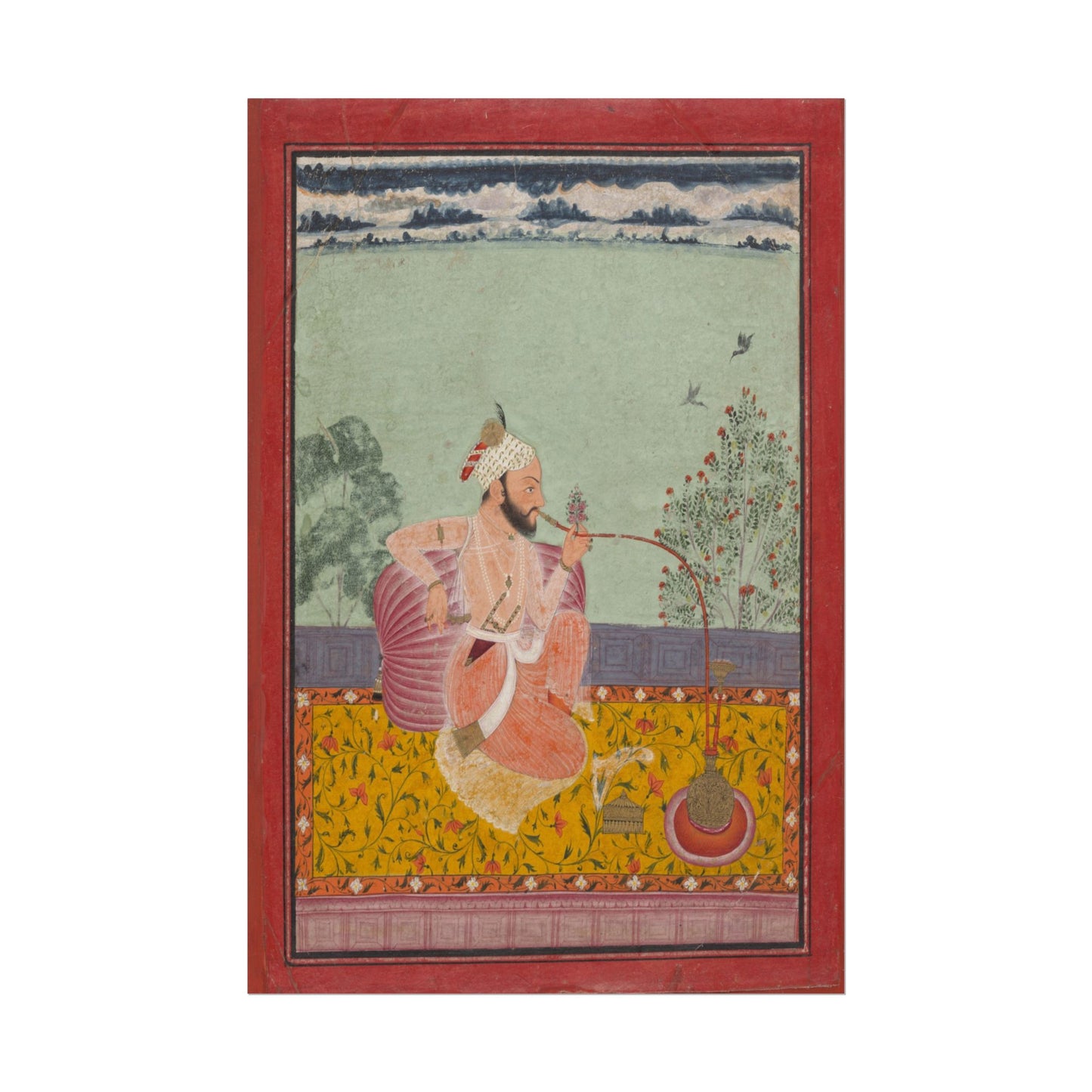 Mughal painting of a Raja smoking a hookah in lush surroundings.