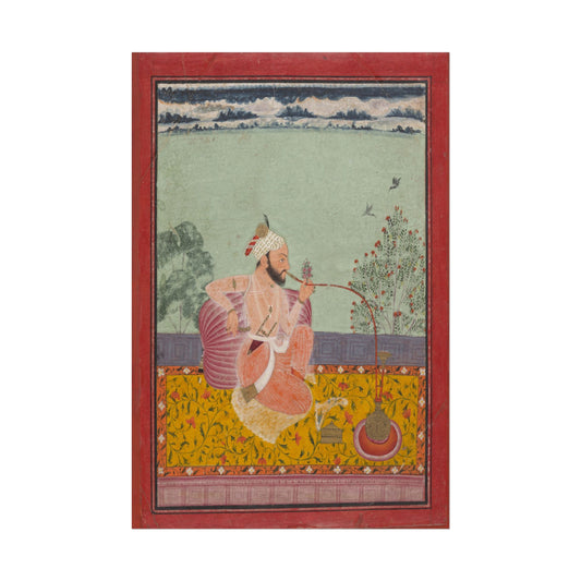 Mughal painting of a Raja smoking a hookah in lush surroundings.