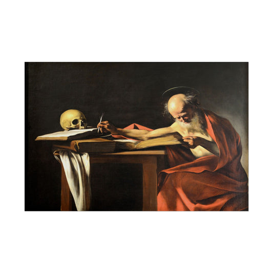 Saint Jerome writing at a table with a skull and book.
