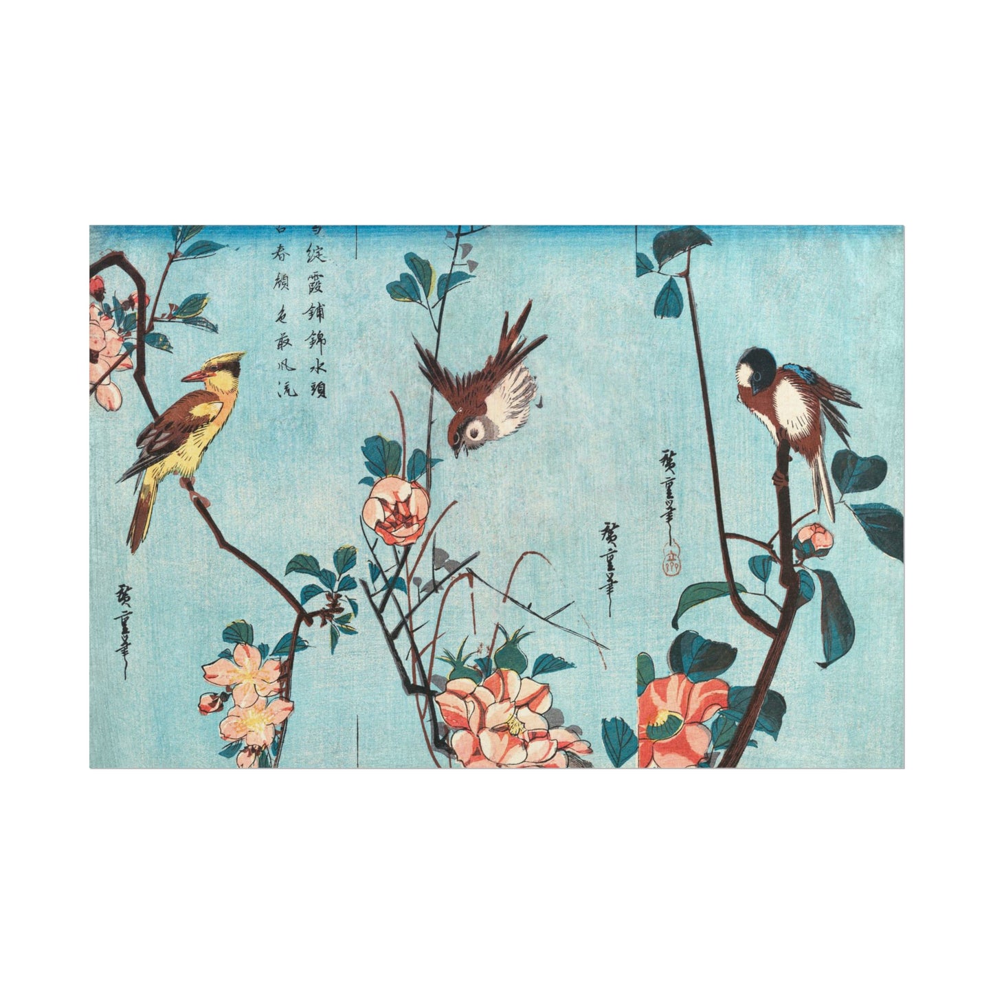 Japanese print featuring birds and flowers against a blue background.