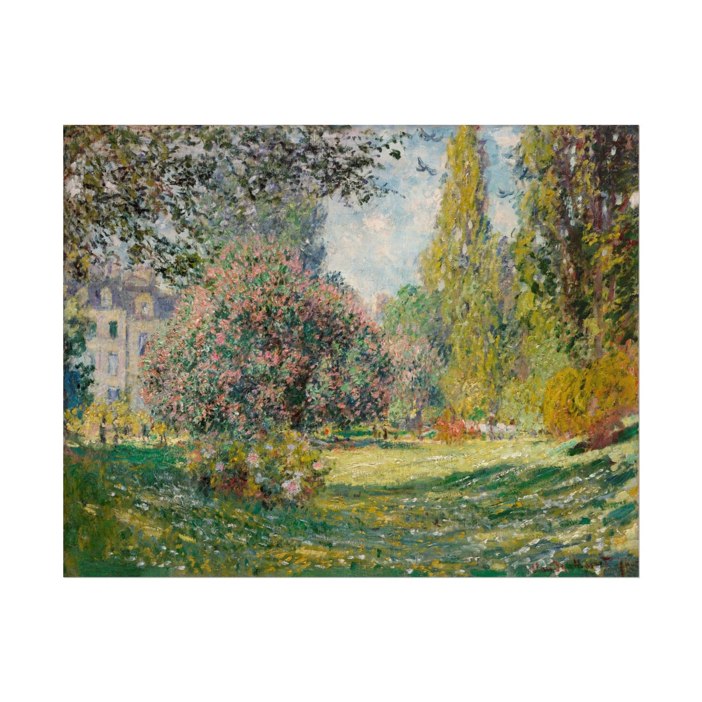 Impressionist painting of a sunny park with blossoming trees.