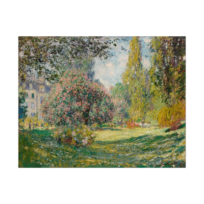 Impressionist painting of a sunny park with blossoming trees.