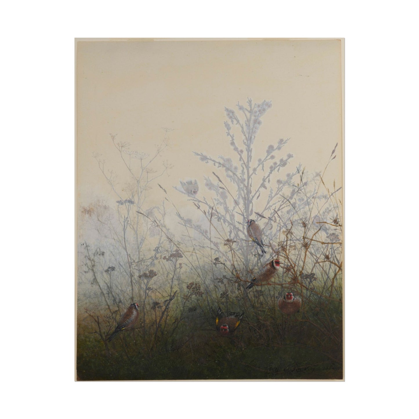 Delicate painting of goldfinches among soft grasses and mist.