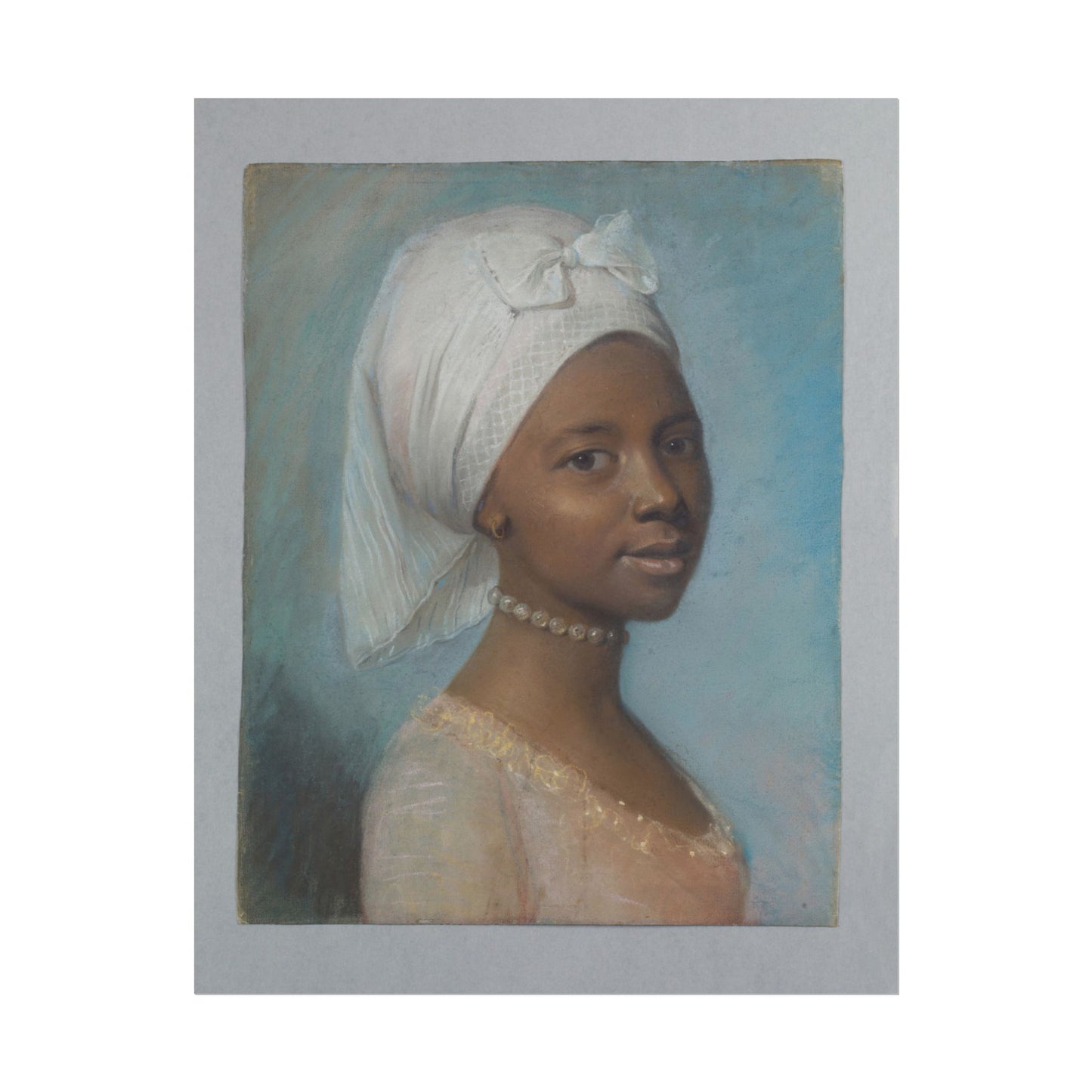 Soft pastel portrait of a young woman in elegant attire.
