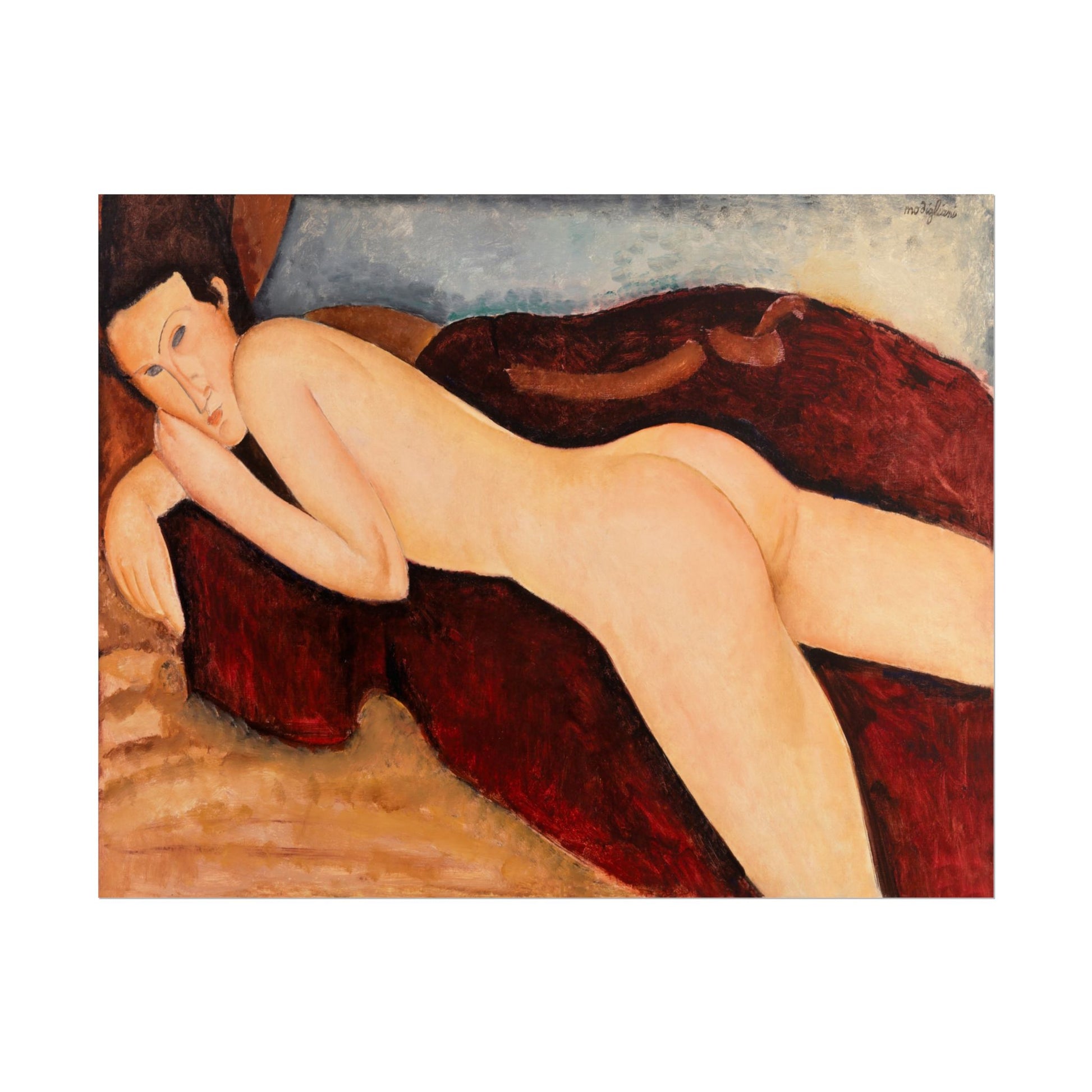 A reclining nude figure depicted in soft colors by Amedeo Modigliani.