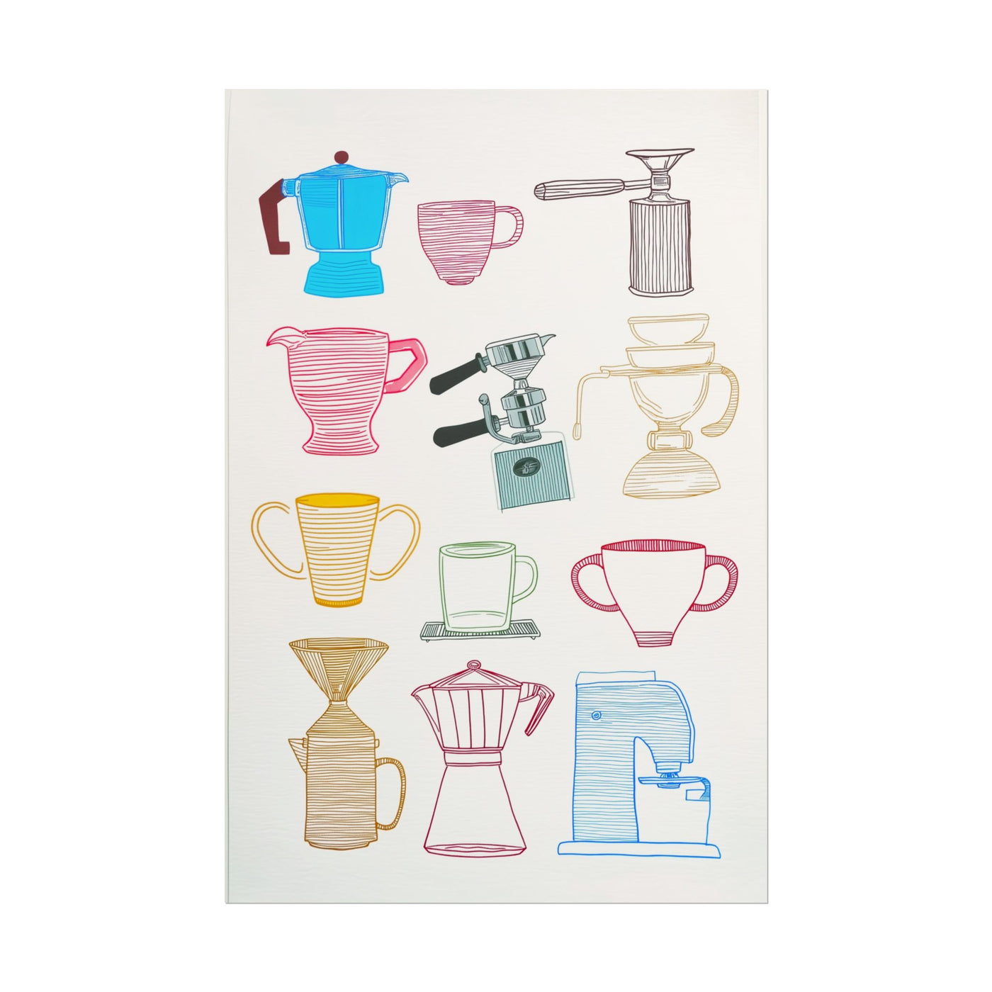 Hand-Drawn Coffee Pots and Mugs 12″×18″