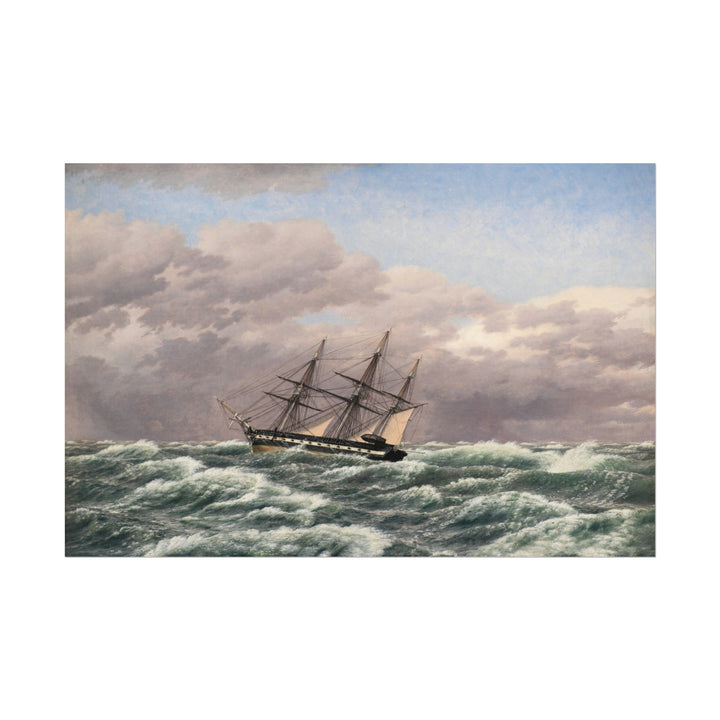 Vintage maritime ship sailing through turbulent ocean waves.