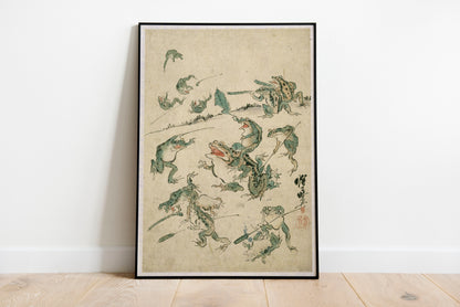 Battle of the Frogs poster by Kawanabe Kyosai - Black frame wall art