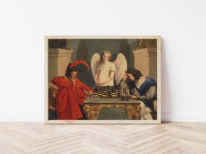Faust and Mephistopheles playing Chess poster by Frederich August Moritz - Black frame wall art