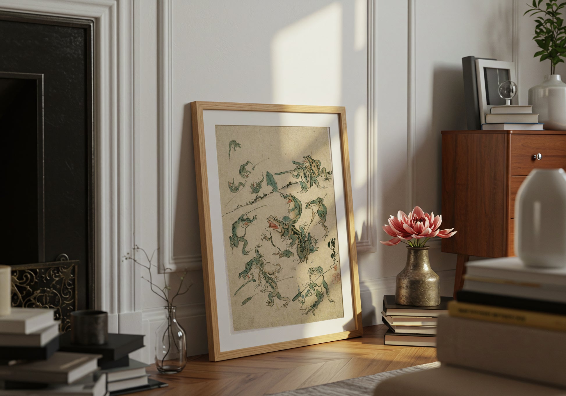 Battle of the Frogs poster by Kawanabe Kyosai - Neutral room decor with framed print