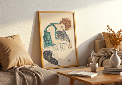Seated Woman with Bent Knee poster by Egon Schiele - Neutral room decor with framed print