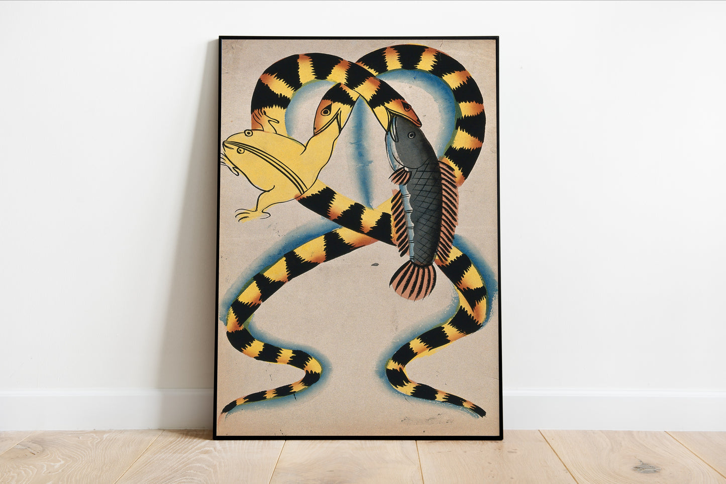 Two Watersnakes Swallowing Fish & Frog