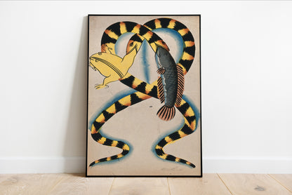 Two Watersnakes Swallowing Fish & Frog